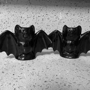 Sourpuss Bat Candlestick Candle Holders Set of 2 Halloween Spooky Witch